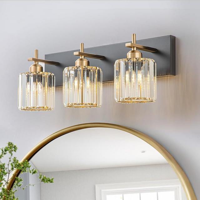 HUOKU Modern Crystal Bathroom Vanity Lights, Black Gold 3-Lights Bathroom Light Fixtures Over Mirror, Crystal Wall Lighting with Polished Gold Finish(Exclude Bulb)