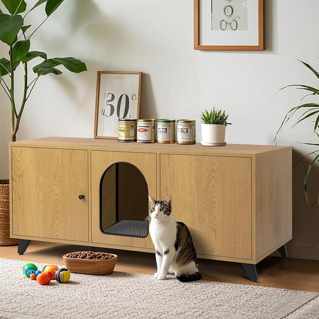 QuicMiou Cat Litter Box Enclosure for 2 Cats, Modern Hidden Litter Box Furniture with Double Room, Large Cat House Washroom Cabinet with Scratch Pad, 46.5" x 19.7" x 19.7" (Natural Oak)