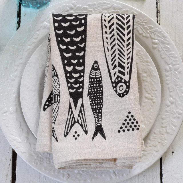 Sardine Tea Towel Organic Floursack Cotton Black Fish Print Dishcloth Nautical Kitchen Decor