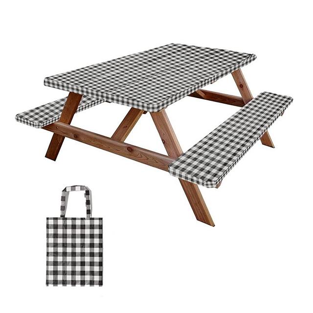 RNOONY Vinyl Fitted Picnic Table Cover with Bench Covers and Bag, Outdoor Waterproof Picnic Tablecloth with Elastic Edges, 72x30 Inches 3 Pcs Set (Black)