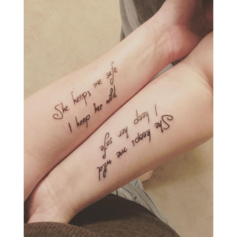 She Keeps Me Safe
I Keep Her Wild 
-Christa
She Keeps Me Wild
I Keep Her Safe
-Rachel