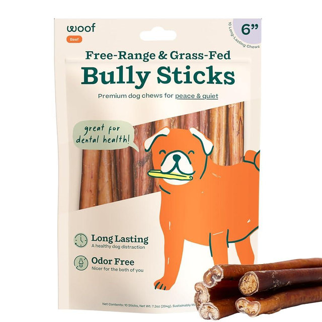 WOOF Bully Sticks Dog Treats - Chew Sticks for Dogs - Long-Lasting Dog Chew Treats - Dog Products Made with Free-Range, Grass-Fed Beef - 6" Sticks - 10pk