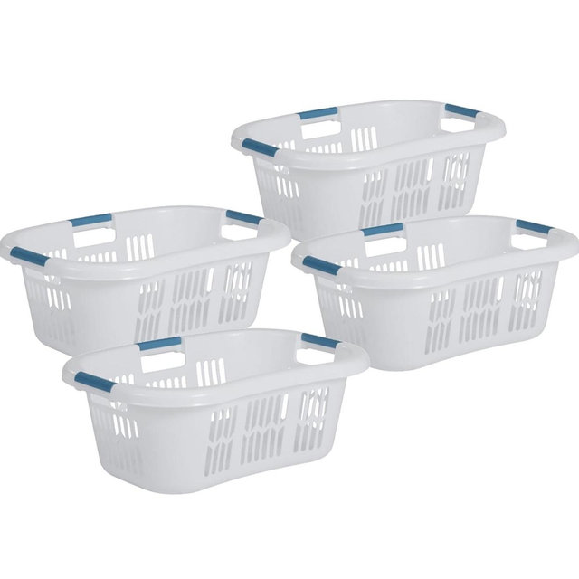 Rubbermaid 4 Pack Small Laundry Basket, 2.1 Bushel Bedroom Hamper, Hip-Hugger Plastic Clothing Bin with Carrying Handles, White