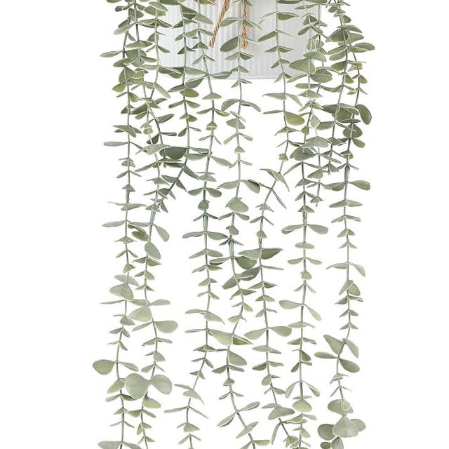 Mkono Fake Hanging Plants in Farmhouse Galvanized Pots Rustic Faux Potted Eucalyptus Greenery Indoor Artificial Plants for Book Shelf Mantel Living Room Bathroom Bedroom Home Office Decor (1, White)