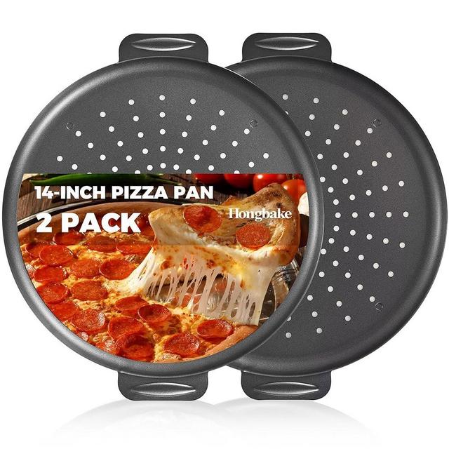 HONGBAKE 2 Pack Pizza Pan 14 Inch with Holes, Nonstick Pizza Tray for Oven, 0.8mm Thick Carbon Steel Perforated Pizza Pans with Wider Handles, Round Baking Sheet for Frozen & Homemade Pizza, Grey
