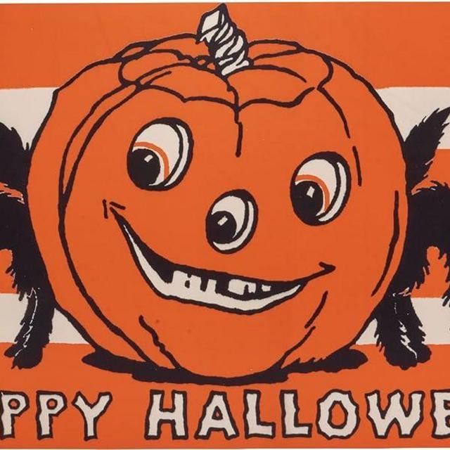 Primitives by Kathy Rug - Happy Halloween, displaying a Vintage Design of a Jack-O'Lantern and Black Cats with Happy Halloween Sentiment