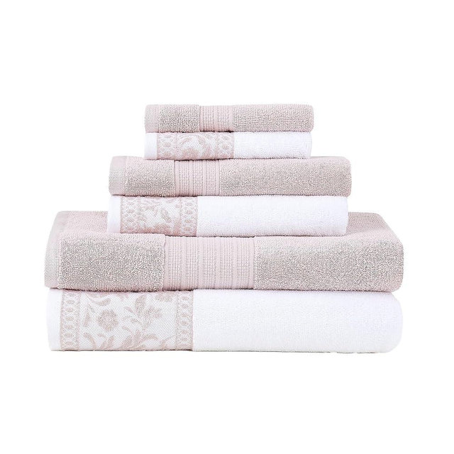 Modern Threads Allie 6-Piece 100% Cotton Towel Set – Jacquard Floral Border – Includes 2 Bath Towels, 2 Hand Towels, 2 Washcloths – Absorbent, Quick Dry, Soft & Durable – Blush Pink