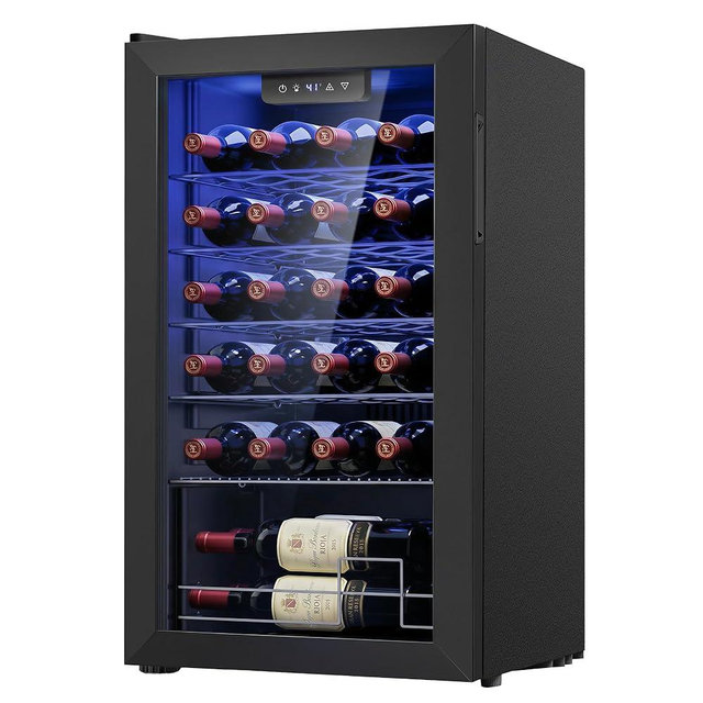 Icyglee 25 Bottle Compressor Wine Cooler Refrigerator, Freestanding Wine Cellar with 41-64°F Adjust Temp & Double-layer Glass Door for Red and White, Wine Cooler for Home Bar, Black