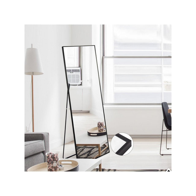 Tempered Mirror 59" x 16" Tall Full Length Mirror with Stand,Black Metal Frame Oversized Rectangle Full Length Floor Mirror-The Pop Home