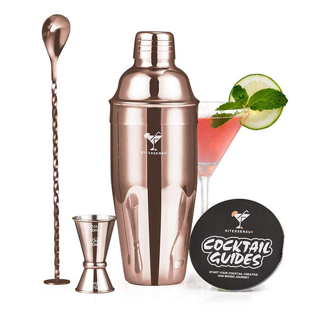KITESSENSU Cocktail Shaker Set, Stainless Steel Bartending Kit with 25 Ounce Cocktail Shaker with Built in Drink Strainer, Measuring Jigger, Mixing Spoon & Drink Recipe Guide, Rose Gold