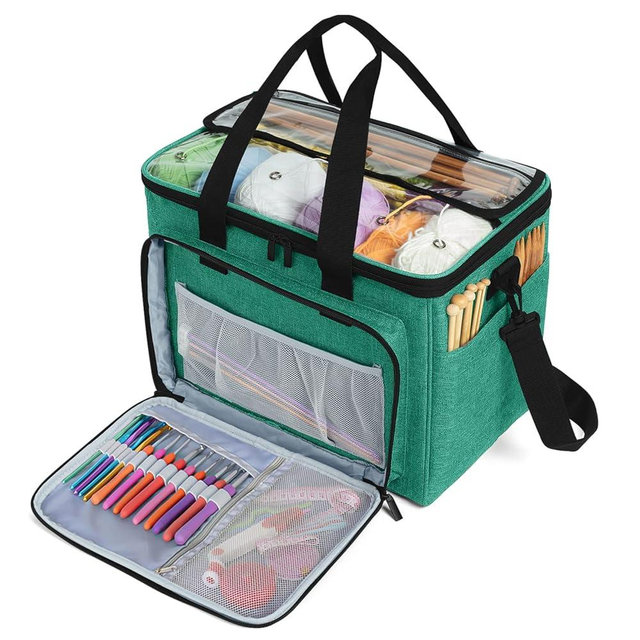 Teamoy Knitting Bag, Yarn Tote Organizer with Inner Divider (Sewn to Bottom) for Crochet Hooks, Knitting Needles(Up to 14”), Project and Supplies -No Accessories Included, Green