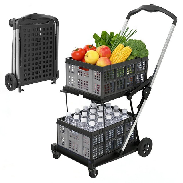Collapsible Shopping Cart with Wheels,2 Tier Multi Use Foldable Shopping Cart with 2 Storage Crates,Folding Shopping Trolley Utility Cart for Office,Groceries, Warehouse,Supermarket,Picnic (Grey)