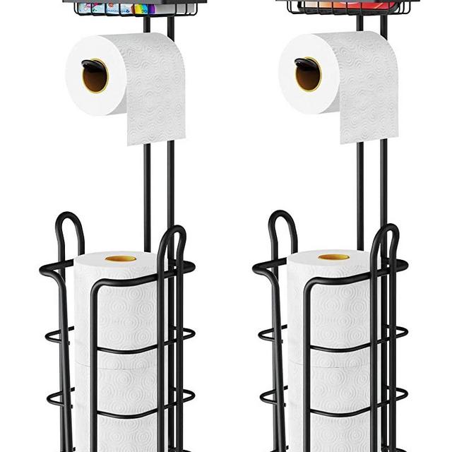 Toilet Paper Holder Stand, F-color 2 Packs Toilet Paper Roll Holder Stand with Shelf, Free Standing Toilet Paper Holder Black with 4 Raised Feet for Bathroom Storage