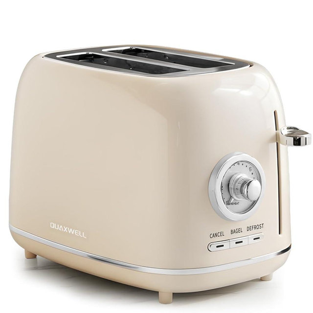 QUAXWELL 2-Slice Toaster, Wide Slots, 7 Bread Shade Settings, Stainless Steel, Bagel, Cancel, and Defrost Functions, Removable Crumb Tray, Retro Style Toaster,Beige