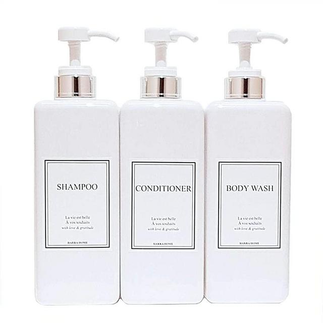 HARRA HOME Modern Gold Design Pump Bottle Set 27 oz Refillable Shampoo and Conditioner Dispenser Empty Shower Plastic Bottles with Pump for Bathroom Lotion Body wash, Pack of 3 (White & Silver)