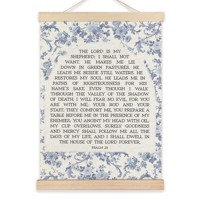 LZYRF Christian PSALM 23 Wall Art Poster Framed, Bible Verse Decor, Blue and White Chinoiserie The Lord Is My Shepherd Religious Canvas Prints Wall Decor for Home Church Prayer Room, 12x16 Inch