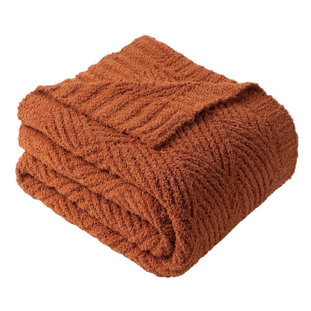 Battilo Caramel Chenille Throw Blanket for Couch and Bed, Soft Textured Diamond Knit Blanket, Rust Orange Throw for Fall Decor, Decorative Autumn Blankets for Sofa, 50"x60"