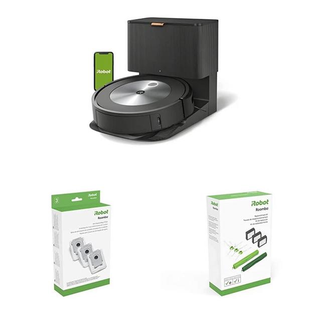iRobot Roomba j7+ 7550 Self-Emptying Robot Vacuum + Authentic Replacement Parts- Automatic Dirt Disposal Bags, 3 Pc, White + Authentic Replacement Parts- Roomba e, i & j Series Replenishment Kit-Green