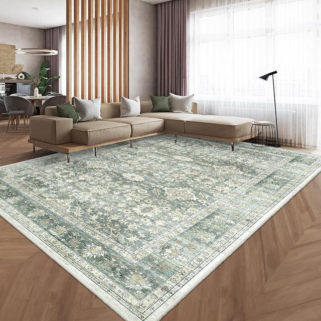 HOMFINE Machine Washable Rug 9'x12' - Vintage Design Area Rugs with Non Slip Rugs for Living Room Bedroom Floral Print Rug Carpet Stain Resistant, Home Decor Office Area Rug, Green