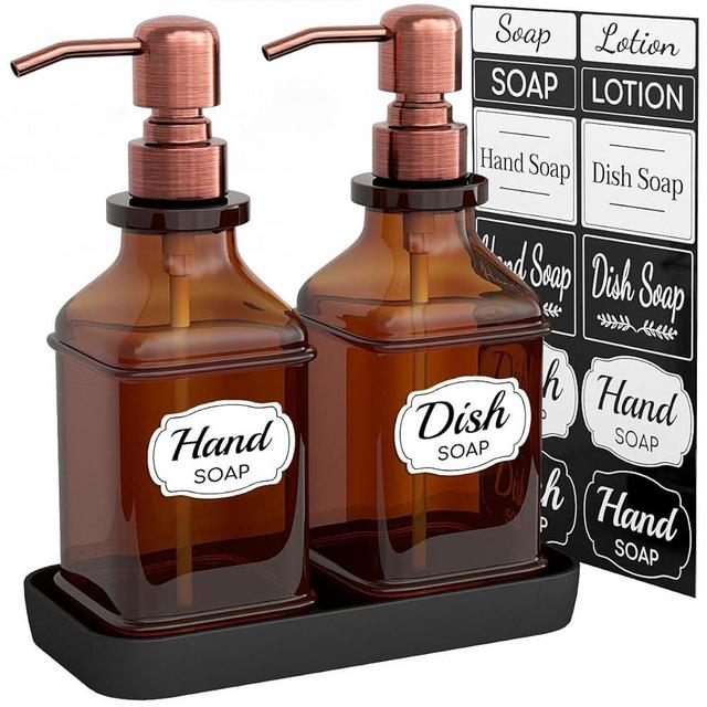 LMQML Soap Dispenser - 2 Pack, Antique Design Thick Amber Glass Hand Soap Dispensers with Sturdy Tray; 304 Rust Proof Stainless Steel Black Pump, 12Pcs Stickers, for Kitchen, Bathroom -Brushed Copper