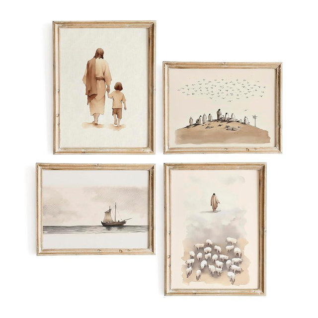 ESSEN Life Set of 4 Bible Story Wall Art, Christian Wall Art, Jesus Wall Decor, Christian Wall Decor, Sunday School Decorations for Classroom, Christian Gifts for Women (8"x10" UNFRAMED) (S-4-3)