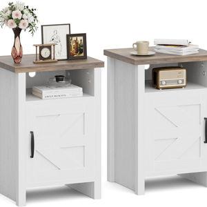 JUMMICO Farmhouse Nightstand, Modern Bedside Table with Barn Door and Shelf, Rustic End Table Side Table for Bedroom, Living Room (2, White)