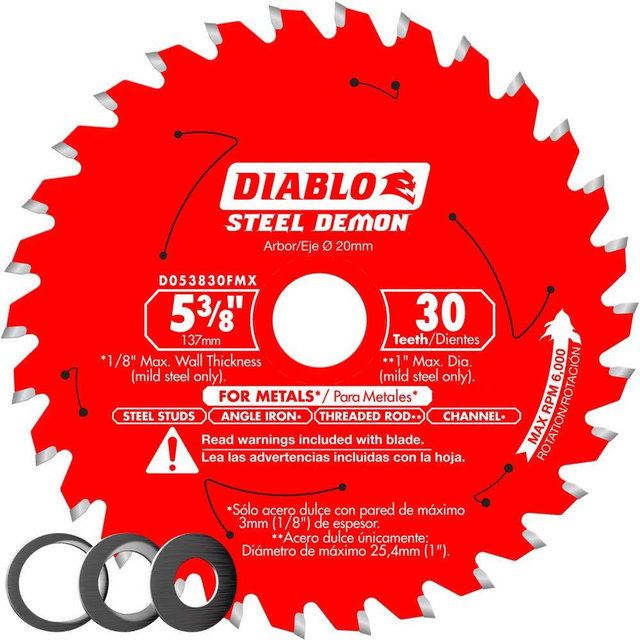Diablo Steel Demon Carbide Saw Blade for Medium Metal - 5-3/8" x 30-Teeth, 20mm Arbor, .059" Kerf, 2° Hook Angle, .039" Plate, 6000 Max RPM - D053830FMX
