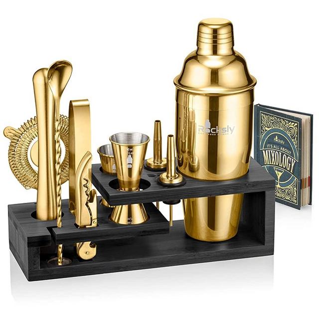 ROCKSLY Mixology Bartender Kit and Cocktail Shaker Set for Drink Mixing | Mixology Set with 10 Bar Set Tools and Bamboo Stand Makes It the Perfect Home Cocktail Kit | Complete Bartender Kit (Gold)