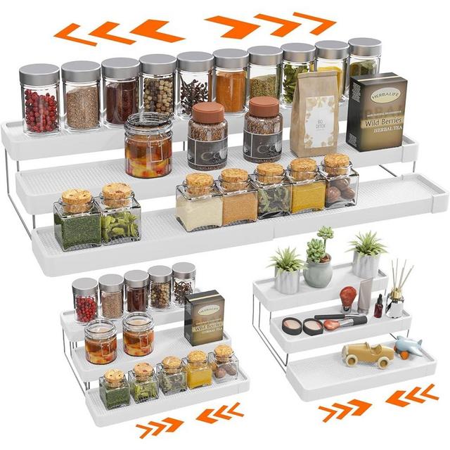 INVOCOO Expandable Spice Rack Organizer for Cabinet - 3 Tier Adjustable Cabinet Spice Organizer Easy Visibility - Spice Organizer for Cabinet Countertop Cupboard Pantry Organization (White)