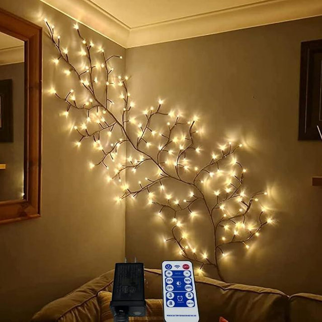 LKGOOD Vines for Room Decor with Remote Control On/Off Timmer Dim,7.5FT Artificial Plants Tree Willow Vine Lights Plug in 144 LEDs for Walls Bedroom,Living Room,Indoor Home Decoration(Brown)