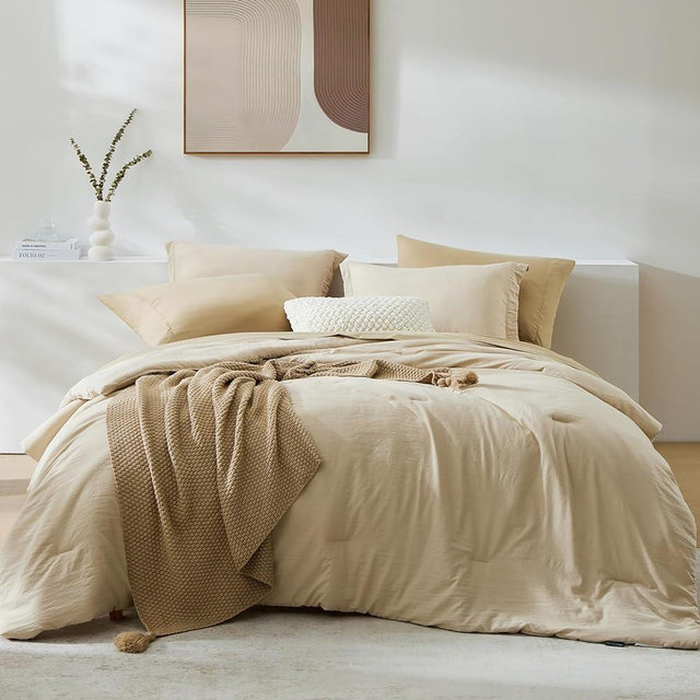 WRENSONGE Beige King Comforter Set, 7 Pieces Soft Microfiber King Size Comforter with Fitted Sheet, Flat Sheet, 2 Pillow Shams, and 2 Pillowcases- Warm King Bedding Set for All Season