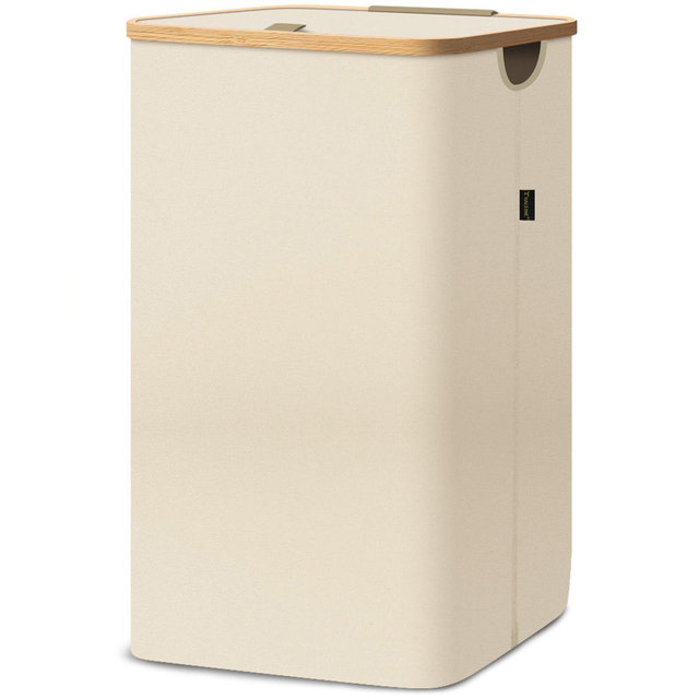 HOMLUX 2.8bu Laundry Hamper with Lid, Bamboo Pull Handles, Internal Support, Beige