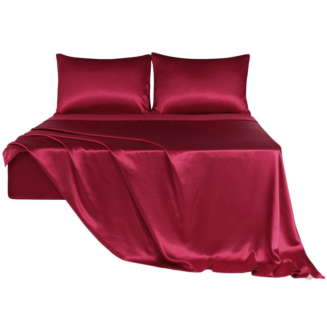 PiccoCasa Satin Sheet Set Polyester with 2 Envelope Pillowcases Elastic Deep Pocket Fitted Sheet 4 Pcs Burgundy King