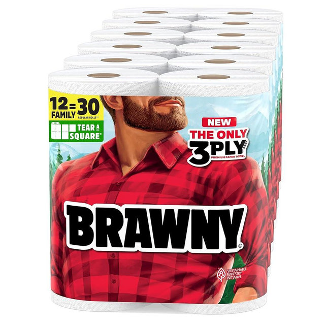 Brawny Tear-A-Square 3-Ply Paper Towels, 12 XL Family Rolls = 30 Regular Rolls, Strong, Absorbent, and Durable with 3 Sheet Sizes (Quarter, Half, Full)
