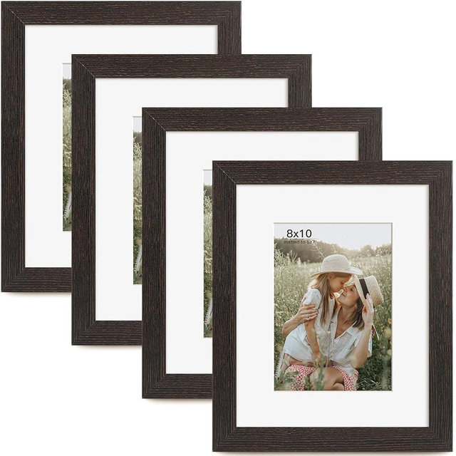 Momentworth 8x10 Picture Frame with Mat for 5x7 Set of 4, Distressed Black Wood Grain 8 x 10 Gallery Wall Picture Frames for Tabletop or Wall Mounting(4 Pack, Black)