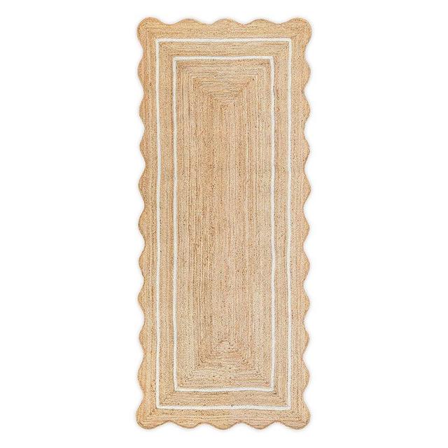 Weaving Village Wave Scalloped Natural Jute Rug Boho Jute Rug Entryway Runner Rug Farmhouse Scallop Rug, Off White (2'6"x8')