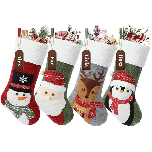 Heflashor Christmas Stockings 4 Pack,18 Inches Personalized Xmas Plush Hanging Stockings Plush Santa Claus Snowman Reindeer Stocking with Name Tags for Holiday Christmas Decor
