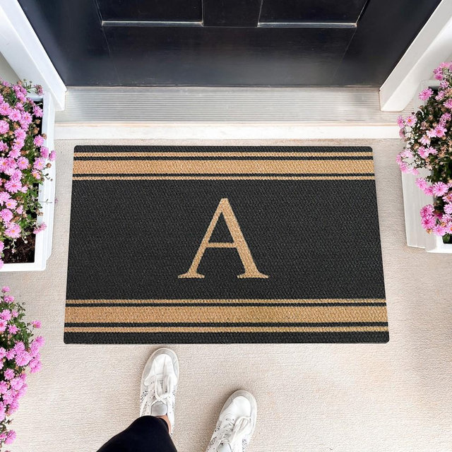 Neighburly Initial Stripes Monogrammed Door Mat Coir on Black Single Door
