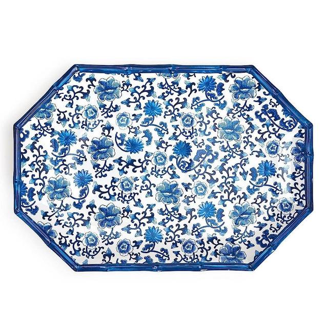 Two's Company Blue Floral Pattern Octagonal Serving Tray/Platter w/Bamboo Rim