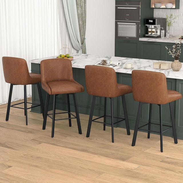SAECKBERG Swivel Bar Stools Set of 4, 26''H Upholstered Barstools with Backs, Modern Counter Height Bar Stool Chairs for Kitchen Island, Metal Legs, Faux Leather, Brown Counter Stools