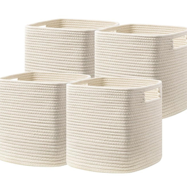 UBBCARE Set of 4 Storage Basket-13 X 13 X 13 In, Cotton Rope Basket for Shelves, Toys, Book, Cube Storage Bins with Handles, Woven Storage Basket for Organizing, Beige