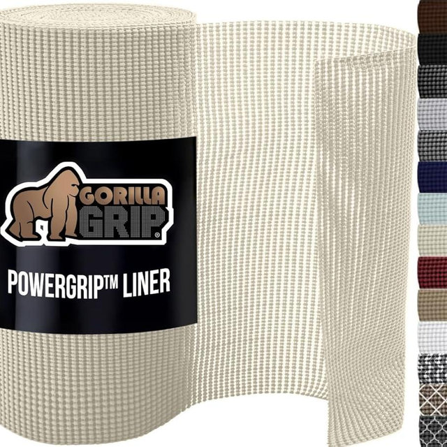 GORILLA GRIP powerGRIP Drawer Shelf and Cabinet Liner, Thick Strong Hold, Non-Adhesive Liners Protect Kitchen Cabinets and Cupboard, Bathroom Drawers, Easy Install, Breathable Mat, 17.5" x30', Cream