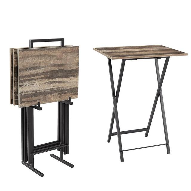 Folding TV Tray Table Set of 4, Portable Sofa Side Table Wooden TV Tray, Industrial Snack Table End Table Dinner Table for Living Room, Bedroom, Office, Space-Saving (Set of 4, Rustic Brown)