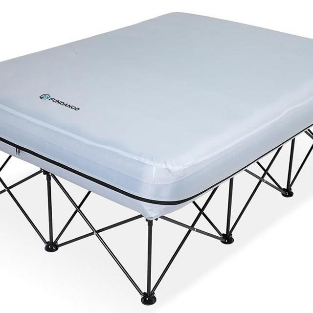 FUNDANGO Queen Camping Cot, 2 Person Folding Airbed Mattress, Double Camp Bed with 2 Cup Holders, Removeable Cover for Adults Outdoor Travel,Carry Bag Included (Grey)
