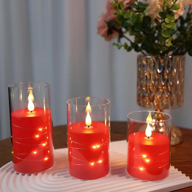 Da by Red Flameless Candles with String Lights, Battery Operated Candles with Remote and Timer,Flickering Acrylic LED Pillar Candles for Home Décor,Set of 3 -Red