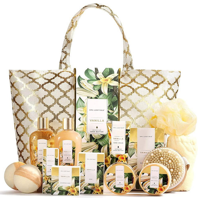 Spa Luxetique Spa Gift Basket, Vanilla Gift Baskets for Women, Luxury 15 Pcs Bath Gift Set, Relaxing at Home Bath Set with Massage Oil, Bath Salt, Bubble Bath, Beauty Gift Set for Women.