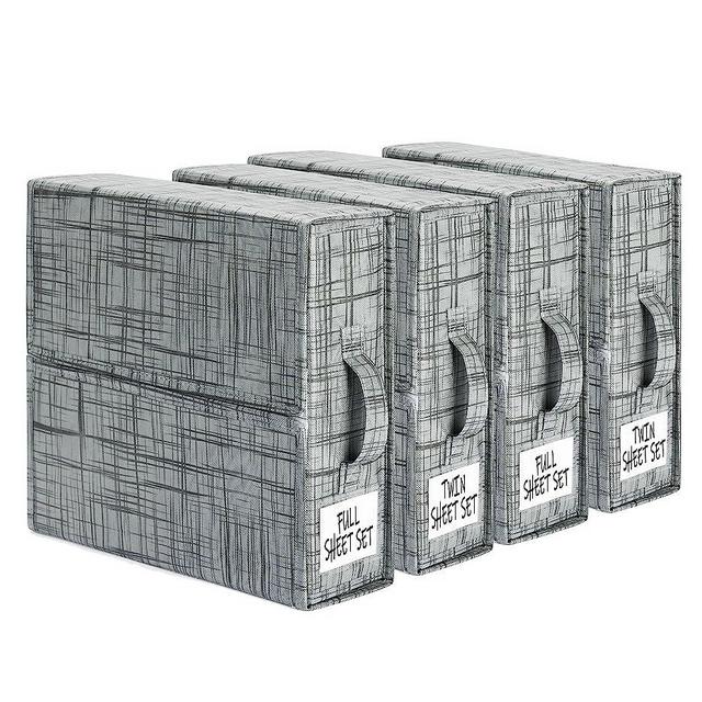 SUOCO SheetCube Bed Sheet Set Organizer 4 Pack (Full or Twin Size), Foldable Storage Box for Duvet Cover Set, Linen Closet Organizer for Bedding Clothes Blankets, Grey
