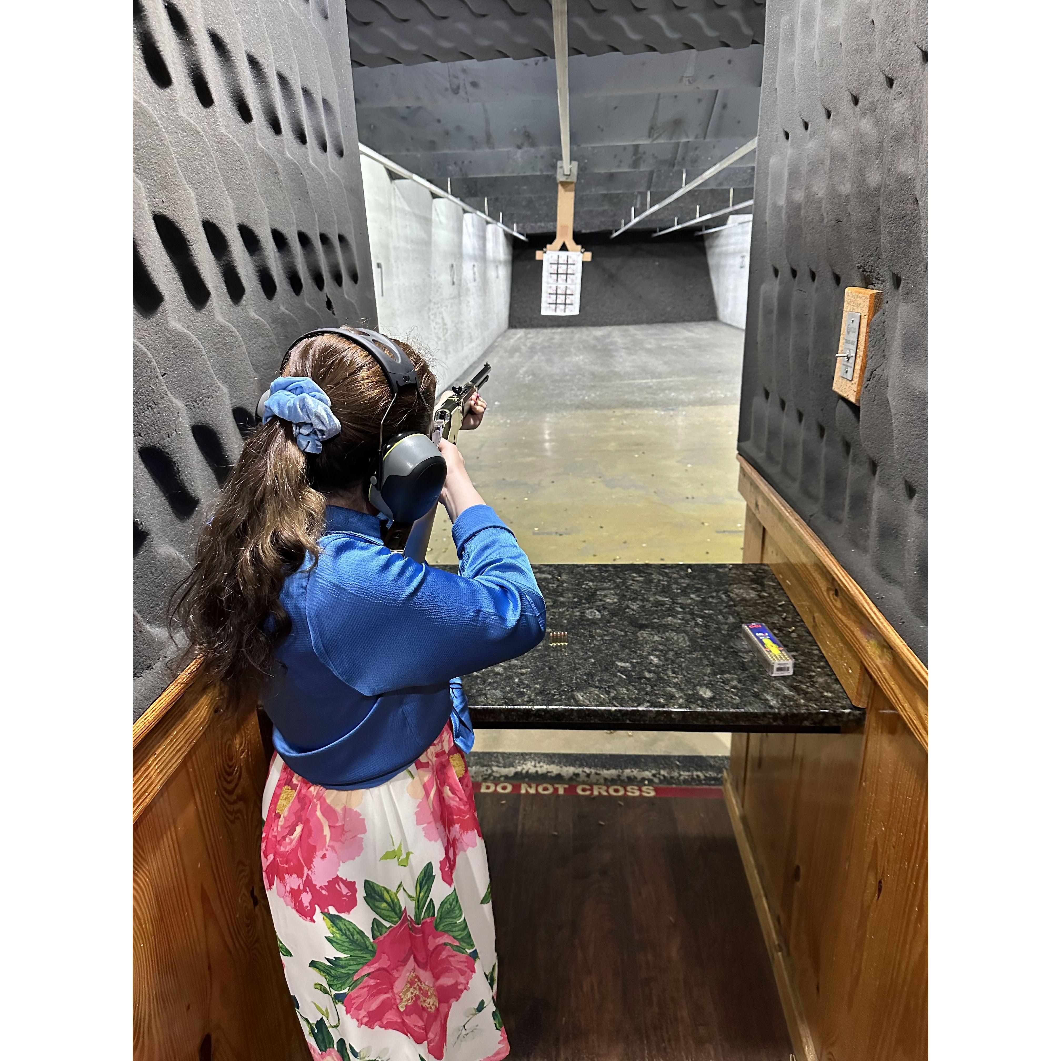 Brant took Joy shooting each time she visited him in Georgia. Practice makes perfect!