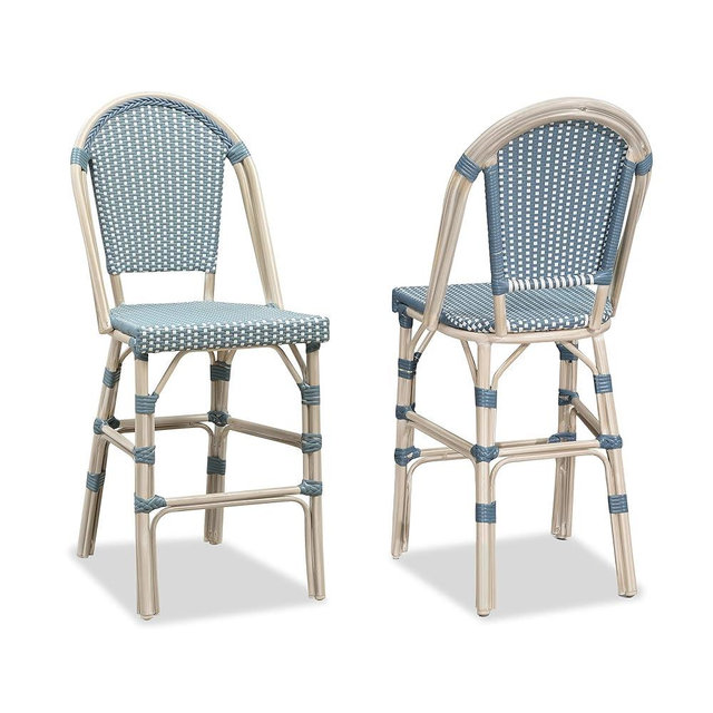 PURPLE LEAF French Counter Height Bar Stool Set of 2 25" White Print Finish Patio Bar Chairs with Back Rattan Bar Chairs French Bistro Set for Kitchen Outdoor Counter Stool Light Blue