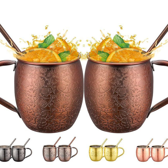 UNISWEET Moscow Mule MugsSet of 2-18 Oz Copper-Plated Fine Craftsmanship Etched Mugs,304 Stainless Steel-Lined Mule Cups,For Cold Drinks, Beer, Wine, Bars, Parties